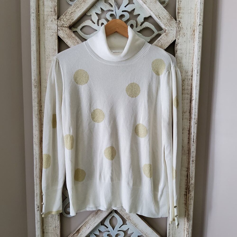 Retrology Women's Petite Large Long Sleeve Turtleneck Sweater Metallic Gold Dot